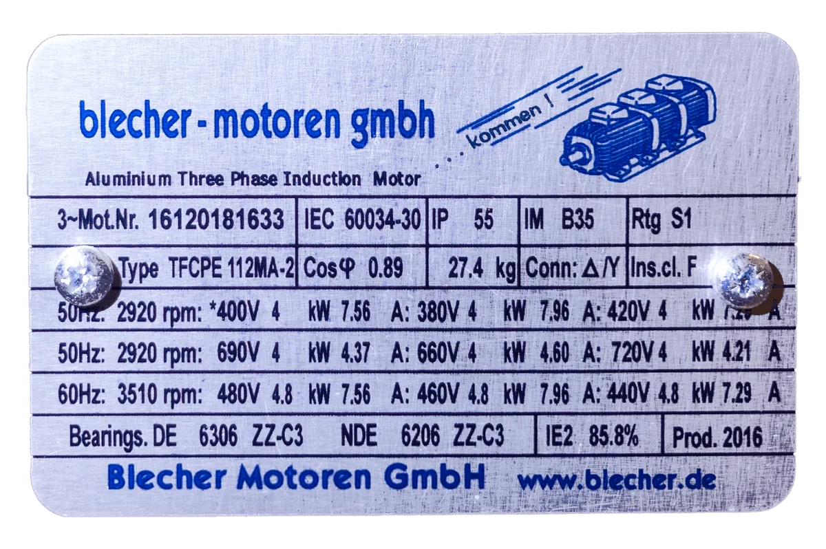 Leistungsschild Typenschild Große Spannung Blecher Motoren Drehstrommotor | blecher.de